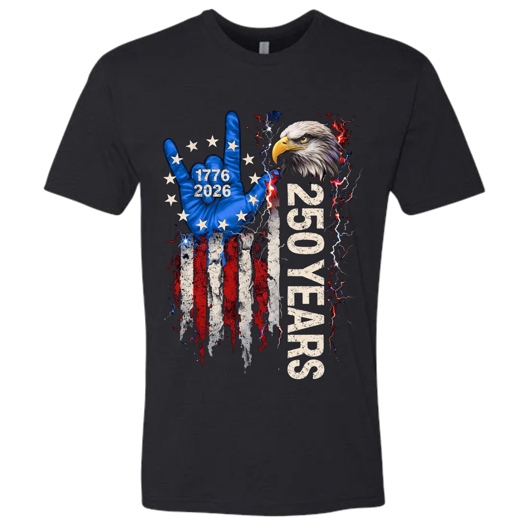 A Black t-shirt with a patriotic design of a vertical American flag with red and white horizontal stripes, with a blue ASL "I Love You" signing hand with a circle of stars.  Inside the stars is written "1776 2026".  The text design says "250 Years" in white.