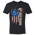 A Black t-shirt with a patriotic design of a vertical American flag with red and white horizontal stripes, with a blue ASL "I Love You" signing hand with a circle of stars.  Inside the stars is written "1776 2026".  The text design says "250 Years" in white.