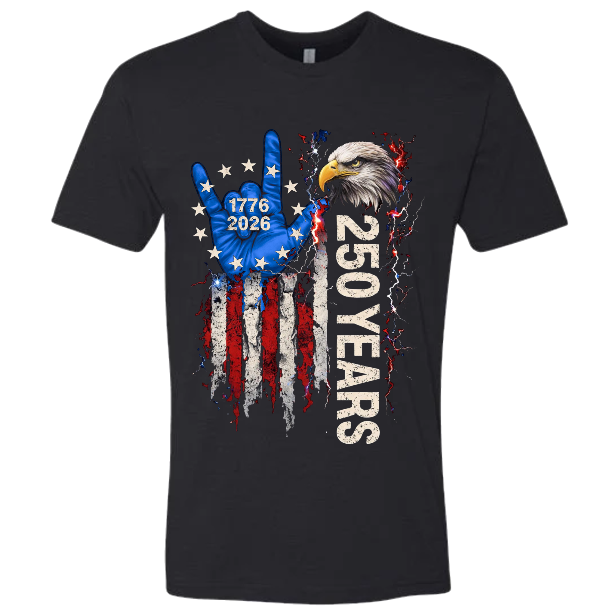 A Black t-shirt with a patriotic design of a vertical American flag with red and white horizontal stripes, with a blue ASL "I Love You" signing hand with a circle of stars.  Inside the stars is written "1776 2026".  The text design says "250 Years" in white.