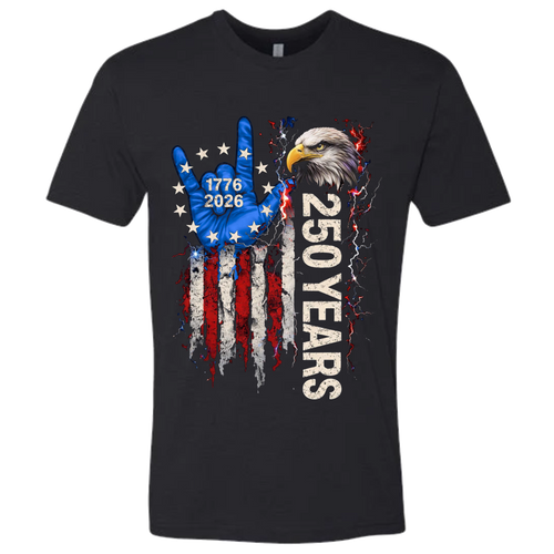 A Black t-shirt with a patriotic design of a vertical American flag with red and white horizontal stripes, with a blue ASL "I Love You" signing hand with a circle of stars.  Inside the stars is written "1776 2026".  The text design says "250 Years" in white.