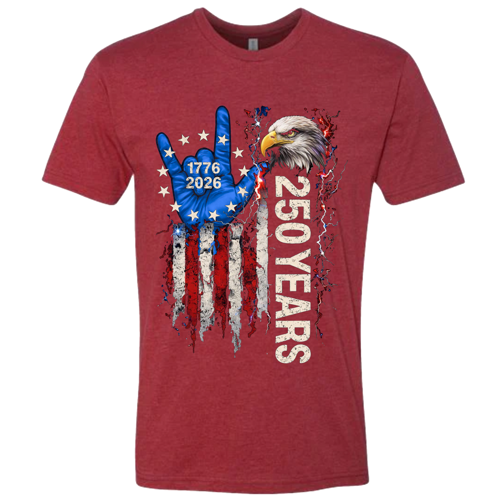 A Cardinal Red t-shirt with a patriotic design of a vertical American flag with red and white horizontal stripes, with a blue ASL "I Love You" signing hand with a circle of stars.  Inside the stars is written "1776 2026".  The text design says "250 Years" in white.