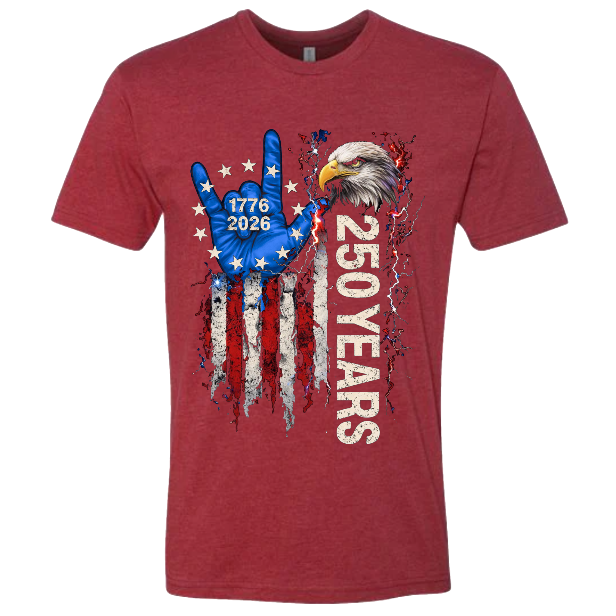A Cardinal Red t-shirt with a patriotic design of a vertical American flag with red and white horizontal stripes, with a blue ASL "I Love You" signing hand with a circle of stars.  Inside the stars is written "1776 2026".  The text design says "250 Years" in white.