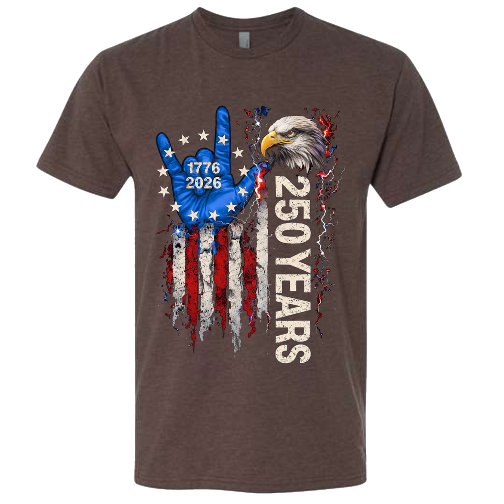 An Espresso Brown t-shirt with a patriotic design of a vertical American flag with red and white horizontal stripes, with a blue ASL "I Love You" signing hand with a circle of stars.  Inside the stars is written "1776 2026".  The text design says "250 Years" in white.