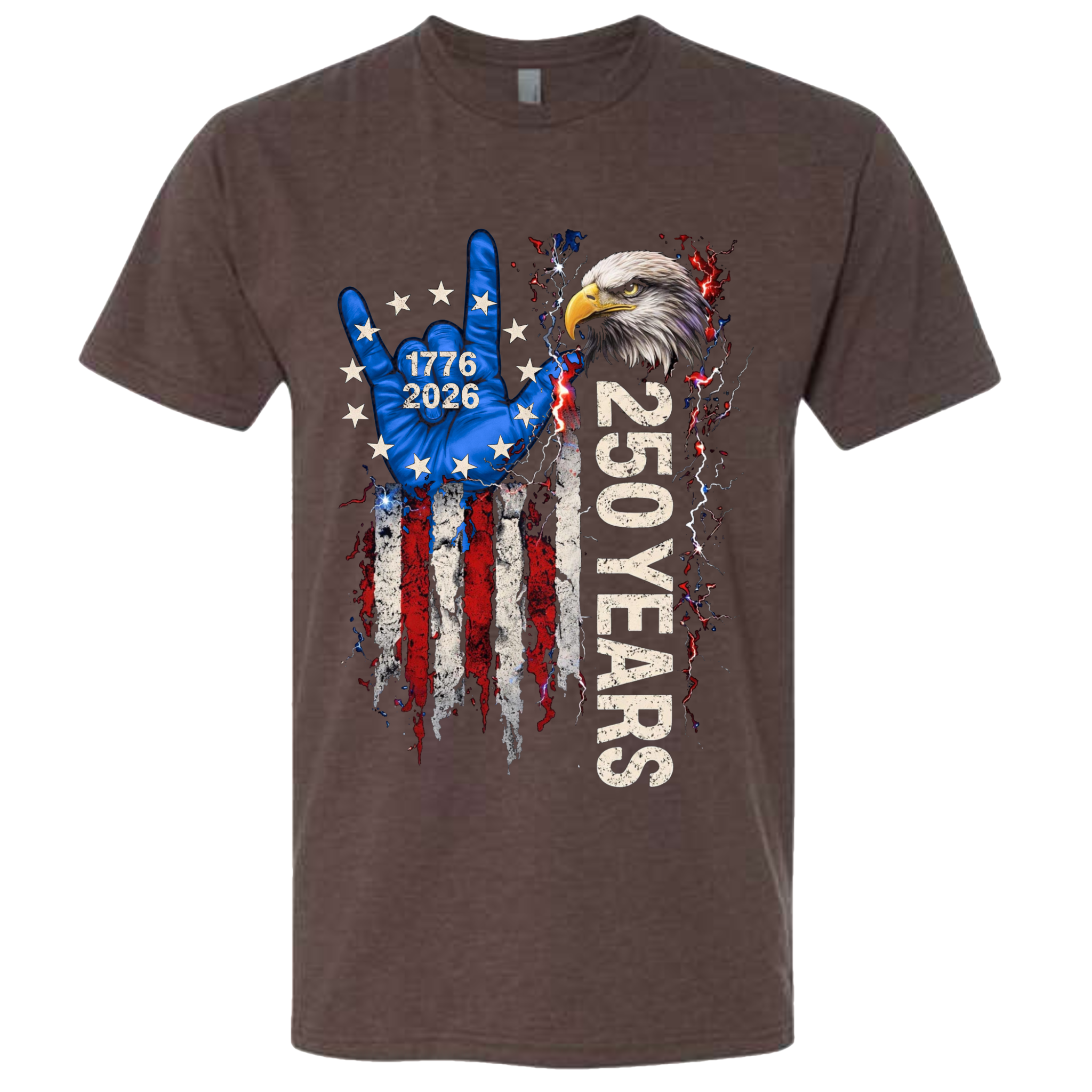 An Espresso Brown t-shirt with a patriotic design of a vertical American flag with red and white horizontal stripes, with a blue ASL "I Love You" signing hand with a circle of stars.  Inside the stars is written "1776 2026".  The text design says "250 Years" in white.
