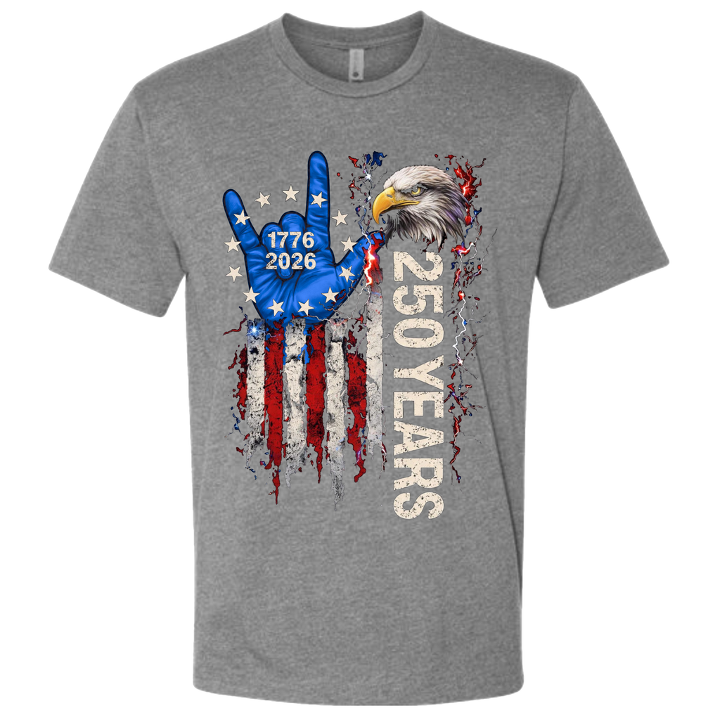 A Heather Grey t-shirt with a patriotic design of a vertical American flag with red and white horizontal stripes, with a blue ASL "I Love You" signing hand with a circle of stars.  Inside the stars is written "1776 2026".  The text design says "250 Years" in white.