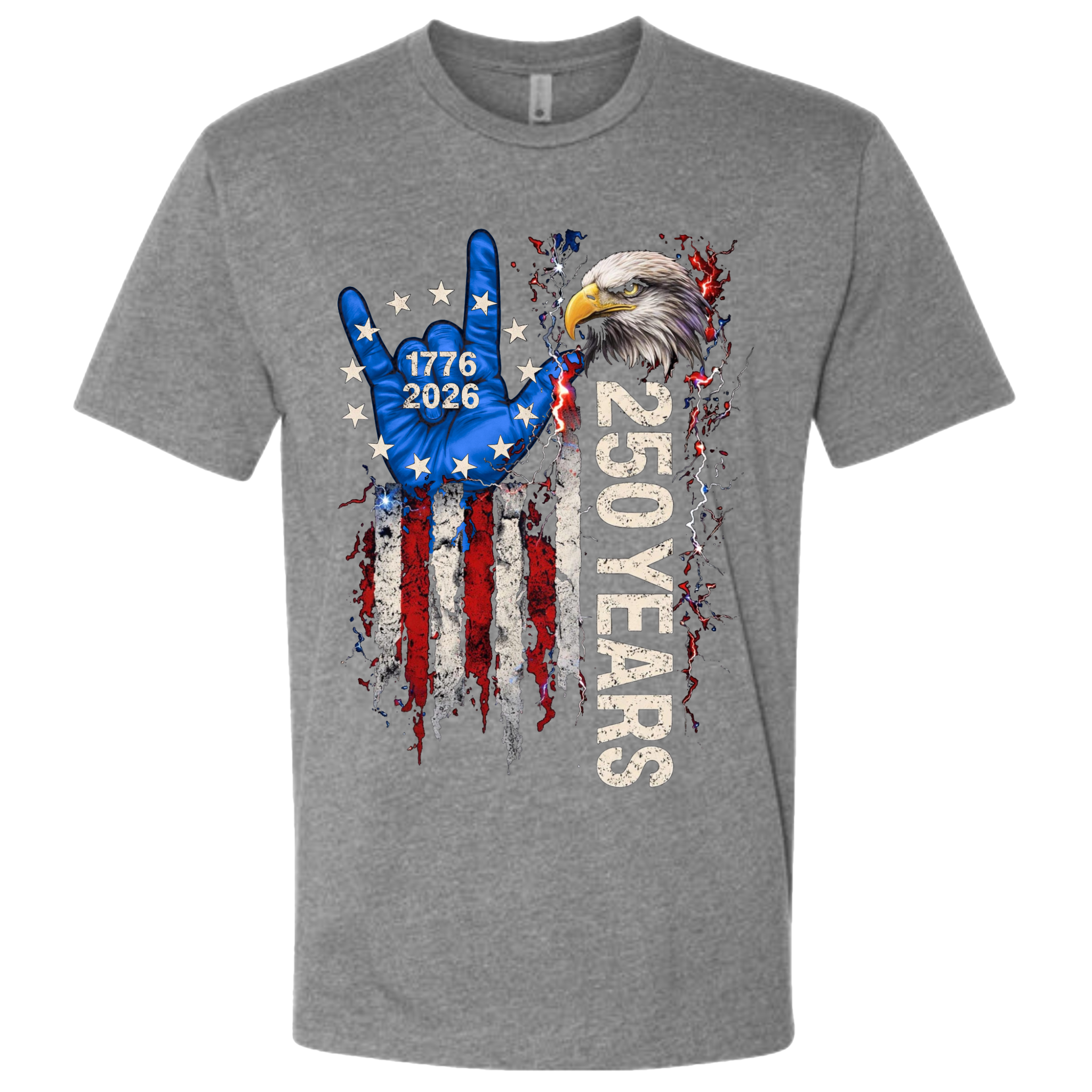 A Heather Grey t-shirt with a patriotic design of a vertical American flag with red and white horizontal stripes, with a blue ASL "I Love You" signing hand with a circle of stars.  Inside the stars is written "1776 2026".  The text design says "250 Years" in white.