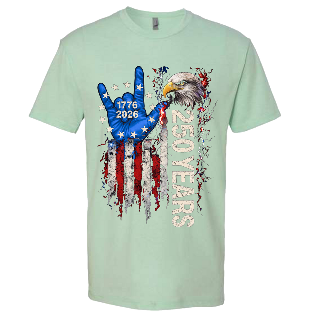 A mint green t-shirt with a patriotic design of a vertical American flag with red and white horizontal stripes, with a blue ASL "I Love You" signing hand with a circle of stars.  Inside the stars is written "1776 2026".  The text design says "250 Years" in white.