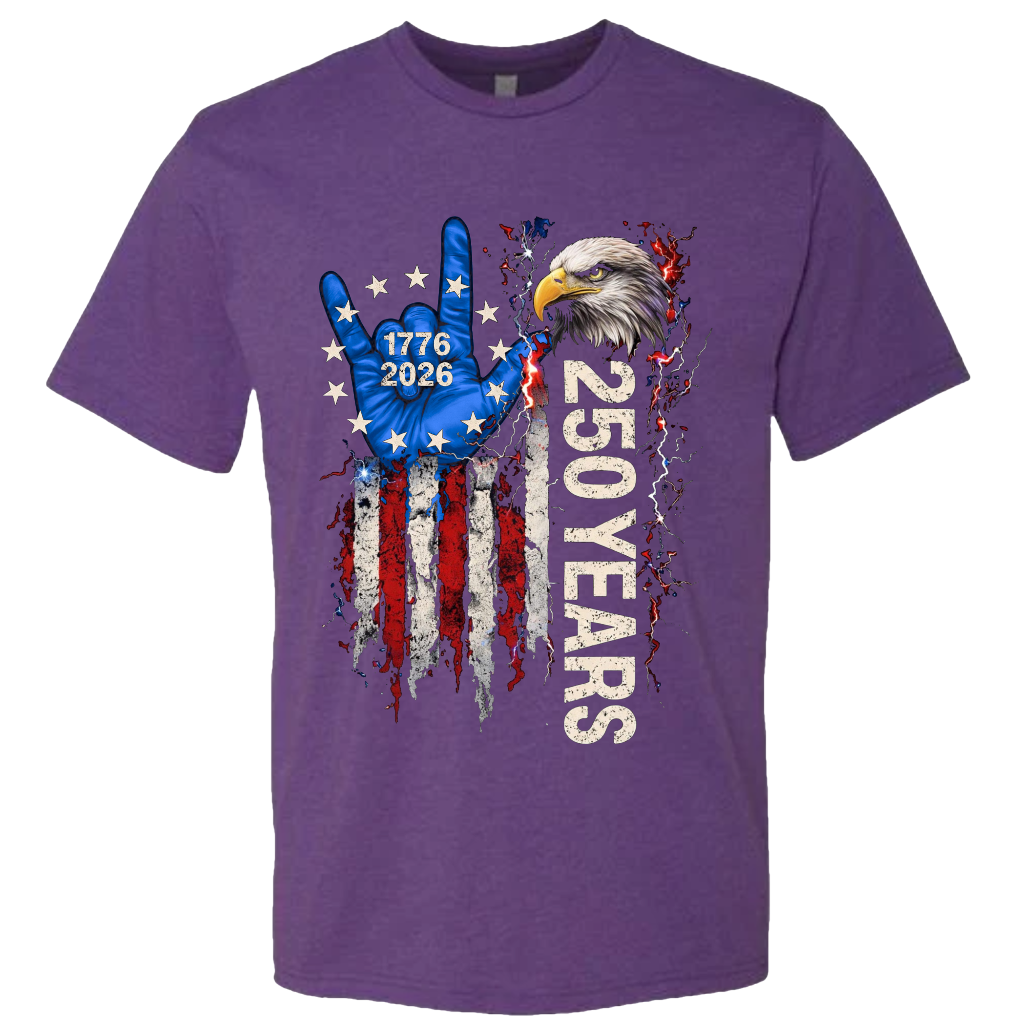 A purple t-shirt with a patriotic design of a vertical American flag with red and white horizontal stripes, with a blue ASL "I Love You" signing hand with a circle of stars.  Inside the stars is written "1776 2026".  The text design says "250 Years" in white.