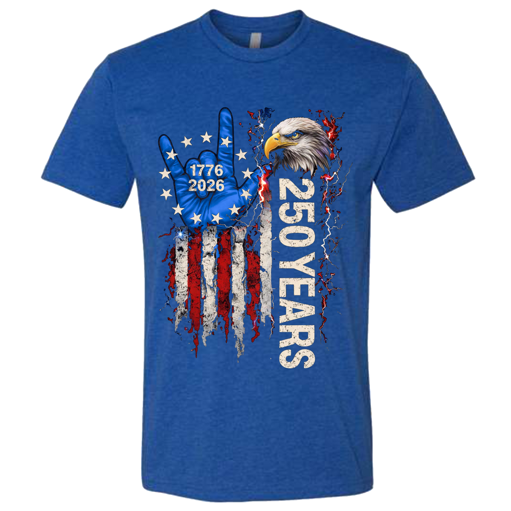  Royal Blue t-shirt with a patriotic design of a vertical American flag with red and white horizontal stripes, with a blue ASL "I Love You" signing hand with a circle of stars.  Inside the stars is written "1776 2026".  The text design says "250 Years" in white.