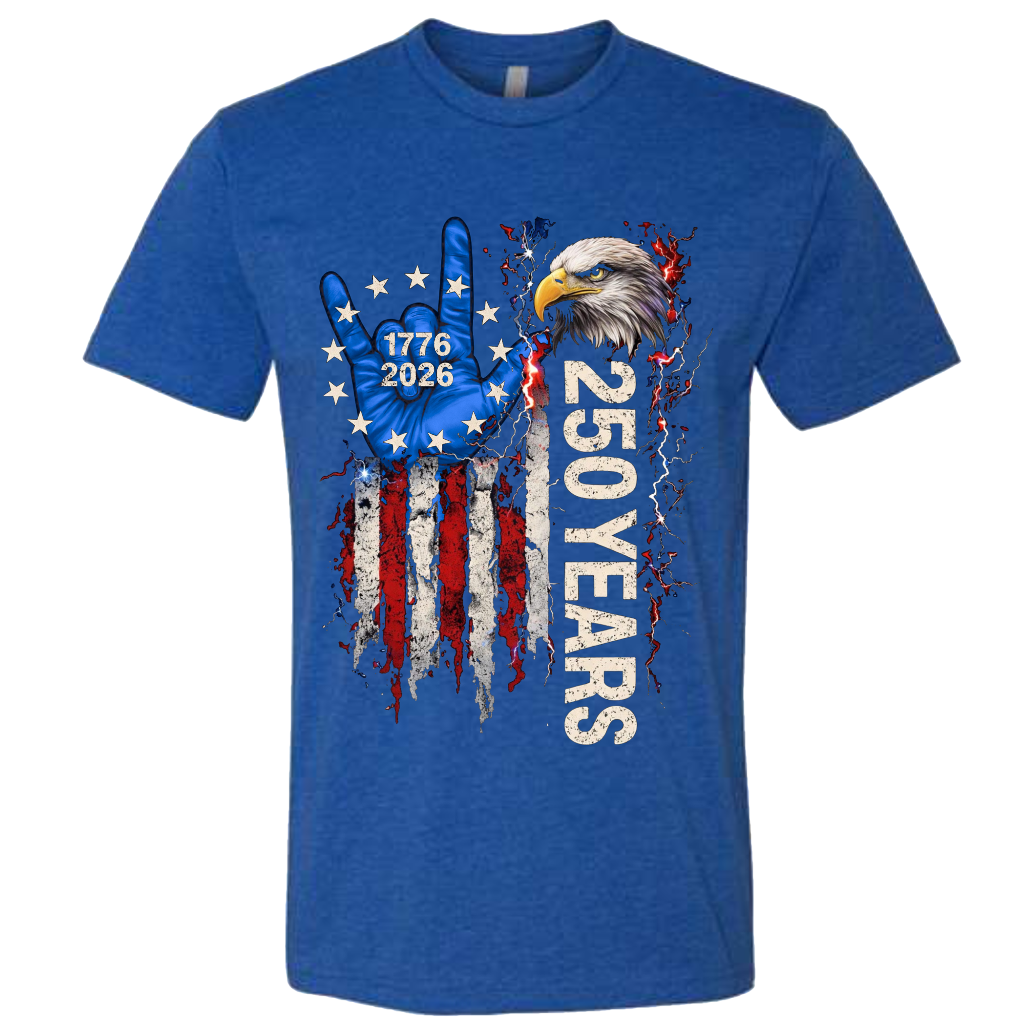  Royal Blue t-shirt with a patriotic design of a vertical American flag with red and white horizontal stripes, with a blue ASL "I Love You" signing hand with a circle of stars.  Inside the stars is written "1776 2026".  The text design says "250 Years" in white.
