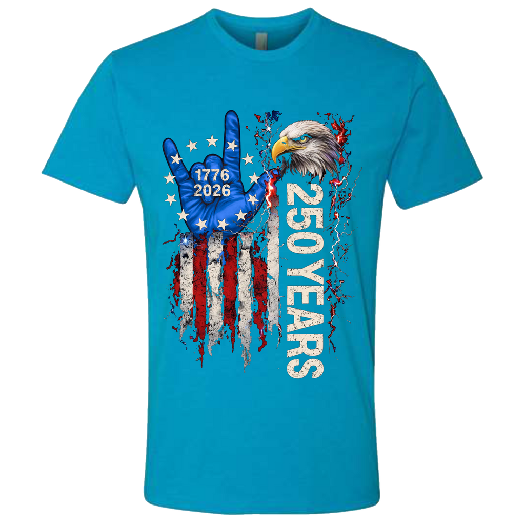 A Turquoise Blue t-shirt with a patriotic design of a vertical American flag with red and white horizontal stripes, with a blue ASL "I Love You" signing hand with a circle of stars.  Inside the stars is written "1776 2026".  The text design says "250 Years" in white.