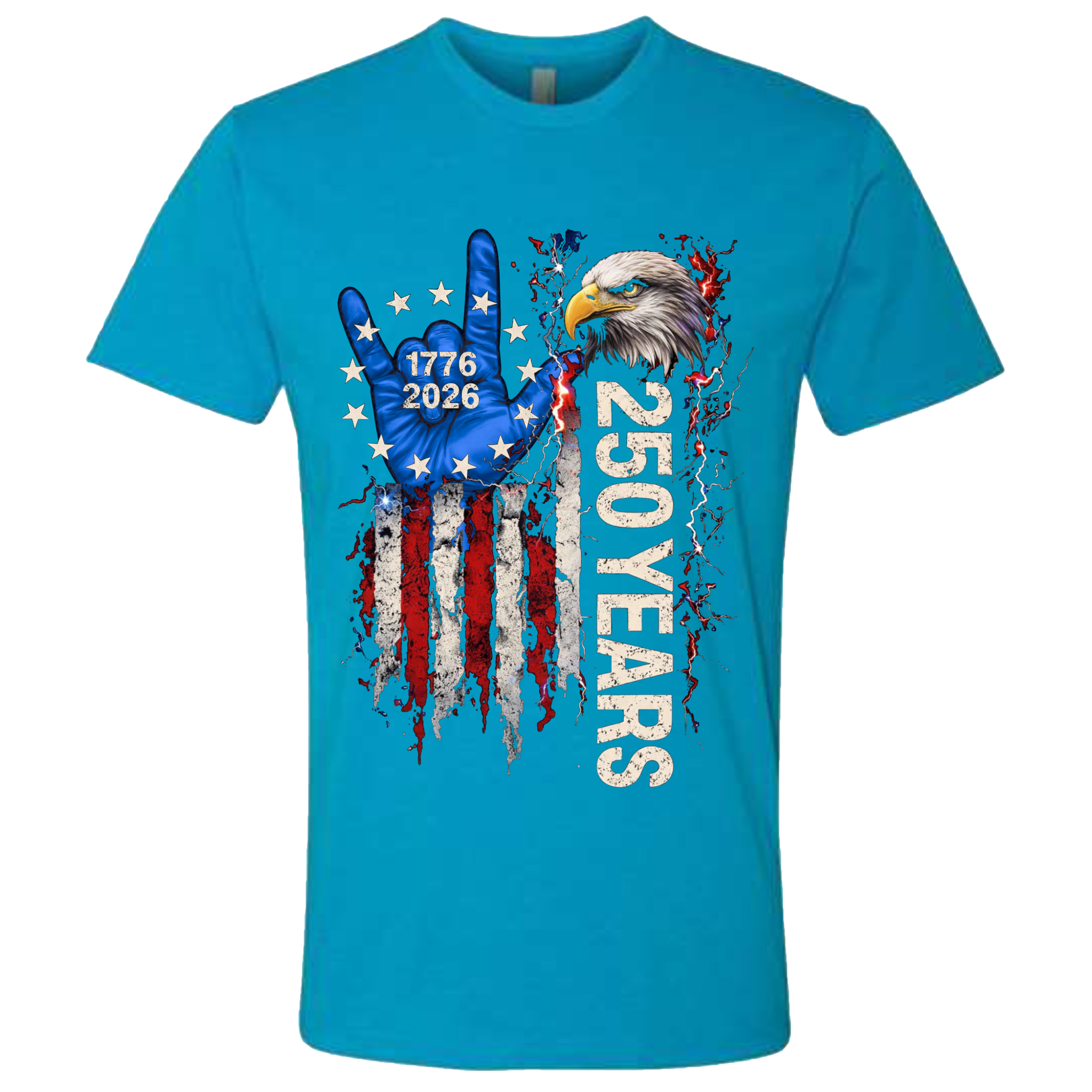 A Turquoise Blue t-shirt with a patriotic design of a vertical American flag with red and white horizontal stripes, with a blue ASL "I Love You" signing hand with a circle of stars.  Inside the stars is written "1776 2026".  The text design says "250 Years" in white.