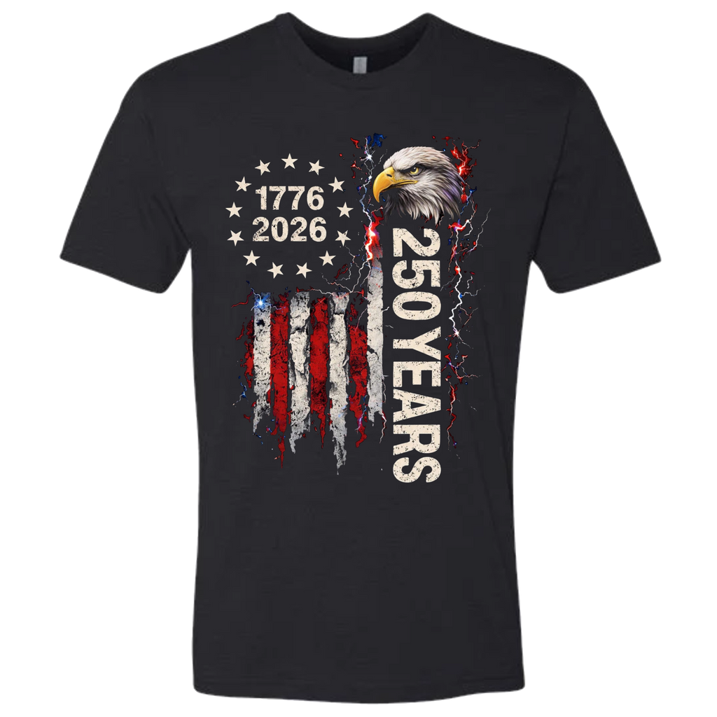 A Black t-shirt with a patriotic design of a vertical American flag with red and white horizontal stripes, with a circle of stars.  Inside the stars is written "1776 2026".  The text design says "250 Years" in white.