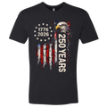 A Black t-shirt with a patriotic design of a vertical American flag with red and white horizontal stripes, with a circle of stars.  Inside the stars is written "1776 2026".  The text design says "250 Years" in white.