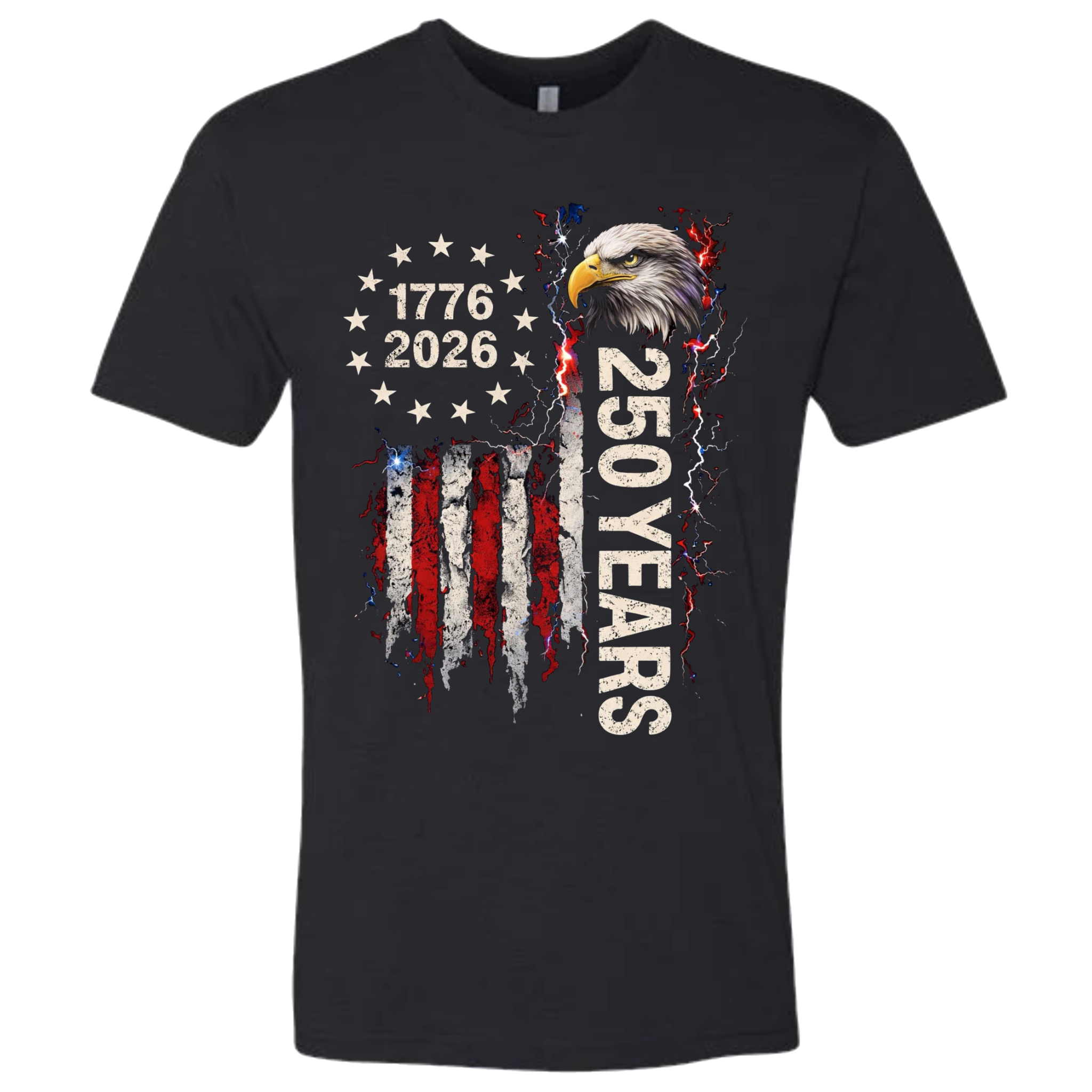 A Black t-shirt with a patriotic design of a vertical American flag with red and white horizontal stripes, with a circle of stars.  Inside the stars is written "1776 2026".  The text design says "250 Years" in white.