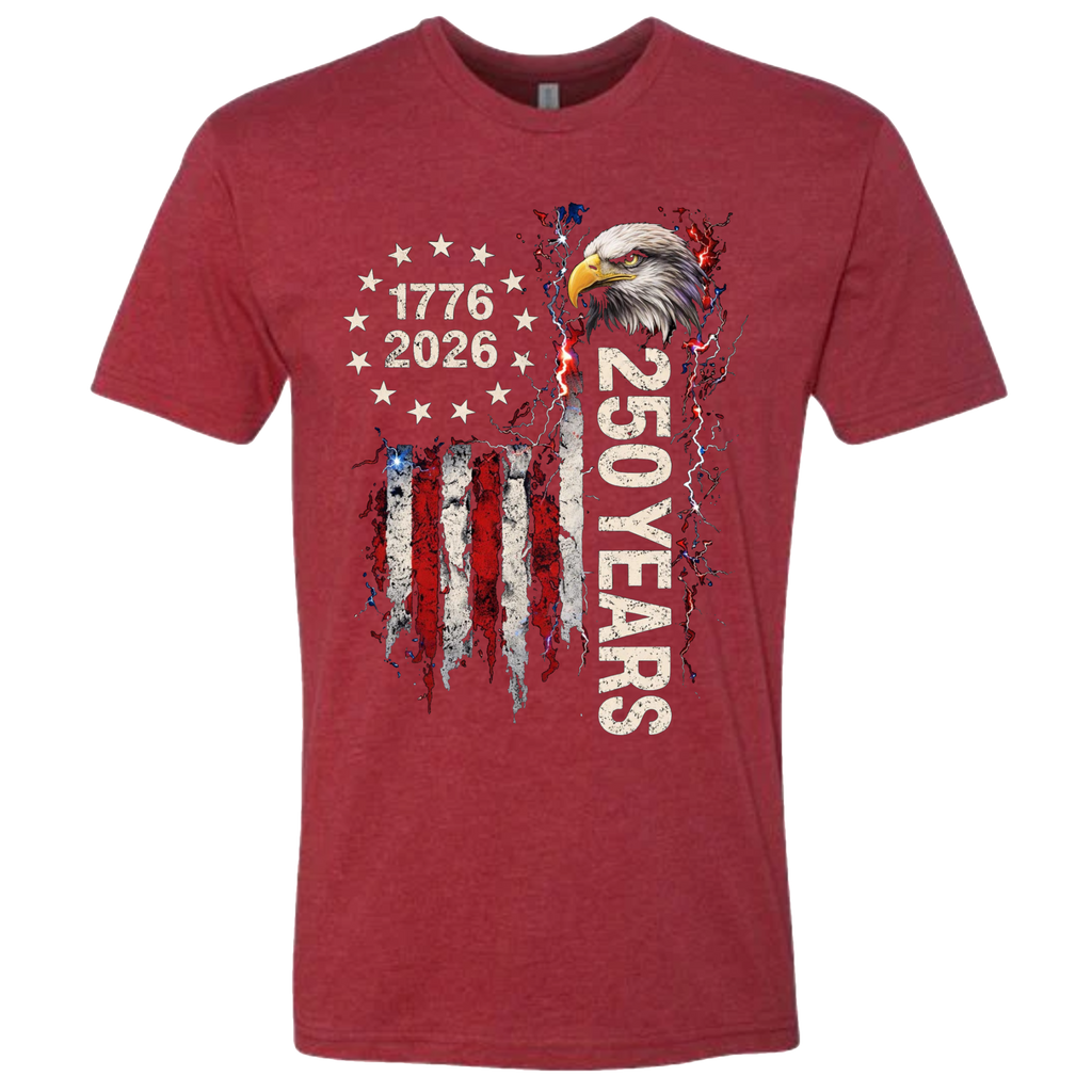 A Cardinal Red t-shirt with a patriotic design of a vertical American flag with red and white horizontal stripes, \with a circle of stars.  Inside the stars is written "1776 2026".  The text design says "250 Years" in white.