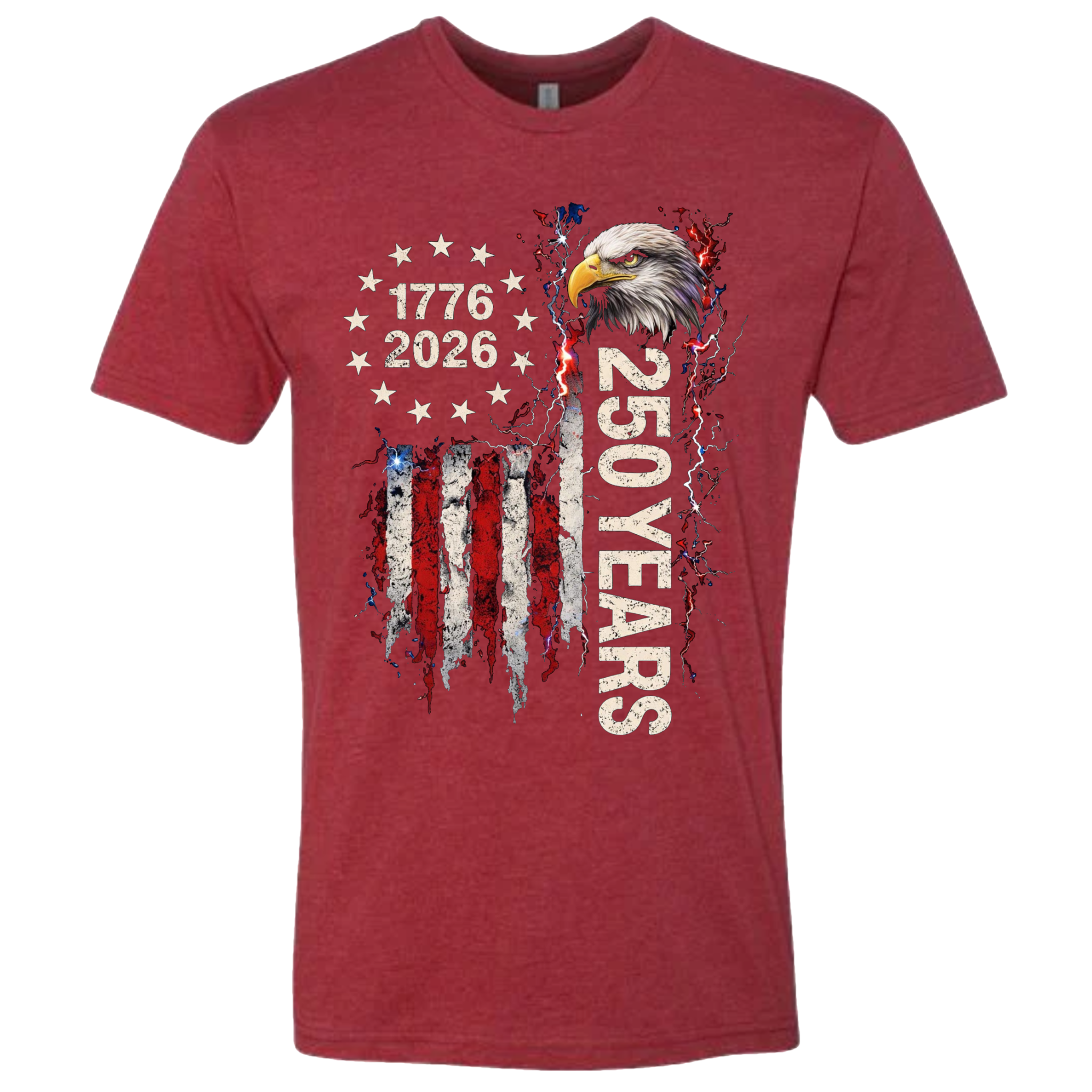 A Cardinal Red t-shirt with a patriotic design of a vertical American flag with red and white horizontal stripes, \with a circle of stars.  Inside the stars is written "1776 2026".  The text design says "250 Years" in white.