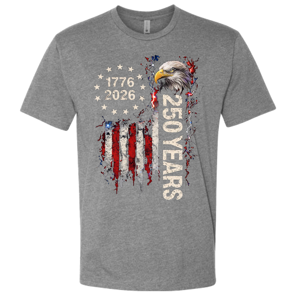 A grey t-shirt with a patriotic design of a vertical American flag with red and white horizontal stripes, with a circle of stars.  Inside the stars is written "1776 2026".  The text design says "250 Years" in white.