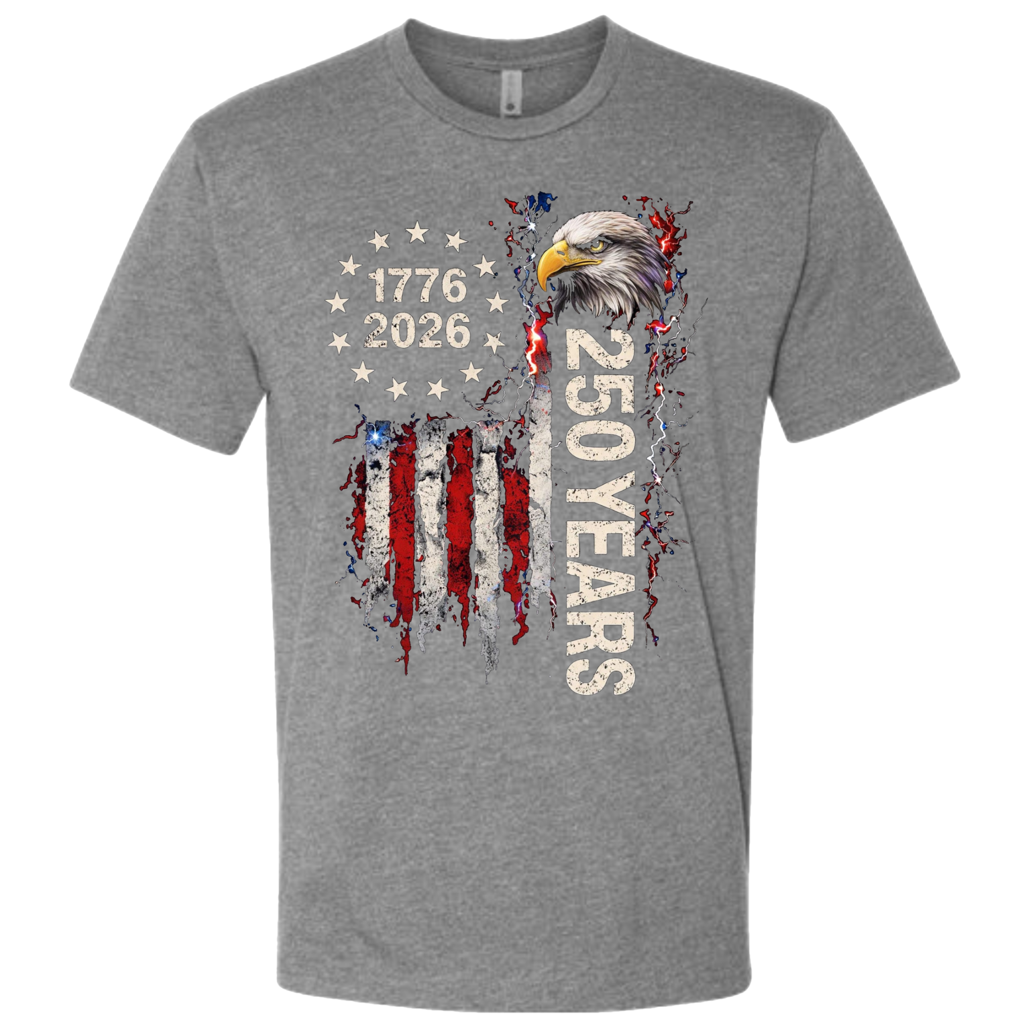 A grey t-shirt with a patriotic design of a vertical American flag with red and white horizontal stripes, with a circle of stars.  Inside the stars is written "1776 2026".  The text design says "250 Years" in white.