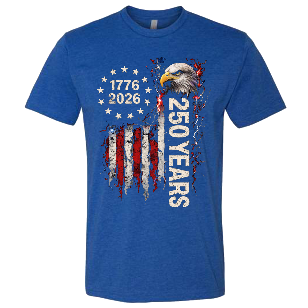 A Royal Blue t-shirt with a patriotic design of a vertical American flag with red and white horizontal stripes, with a circle of stars.  Inside the stars is written "1776 2026".  The text design says "250 Years" in white.