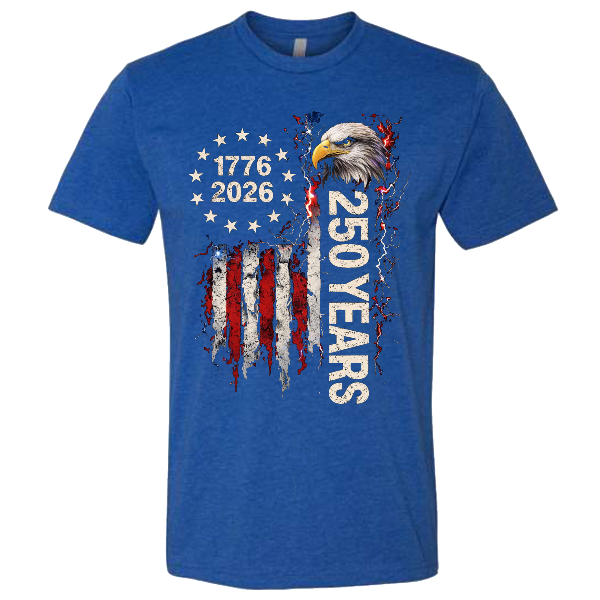 A Royal Blue t-shirt with a patriotic design of a vertical American flag with red and white horizontal stripes, with a circle of stars.  Inside the stars is written "1776 2026".  The text design says "250 Years" in white.