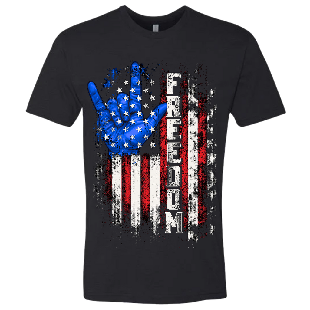 A black t-shirt with a patriotic design of a vertical American flag with red and white horizontal stripes, with a blue ASL "I Love You" signing hand behind a cluster of stars.  The text design says "Freedom" in white.