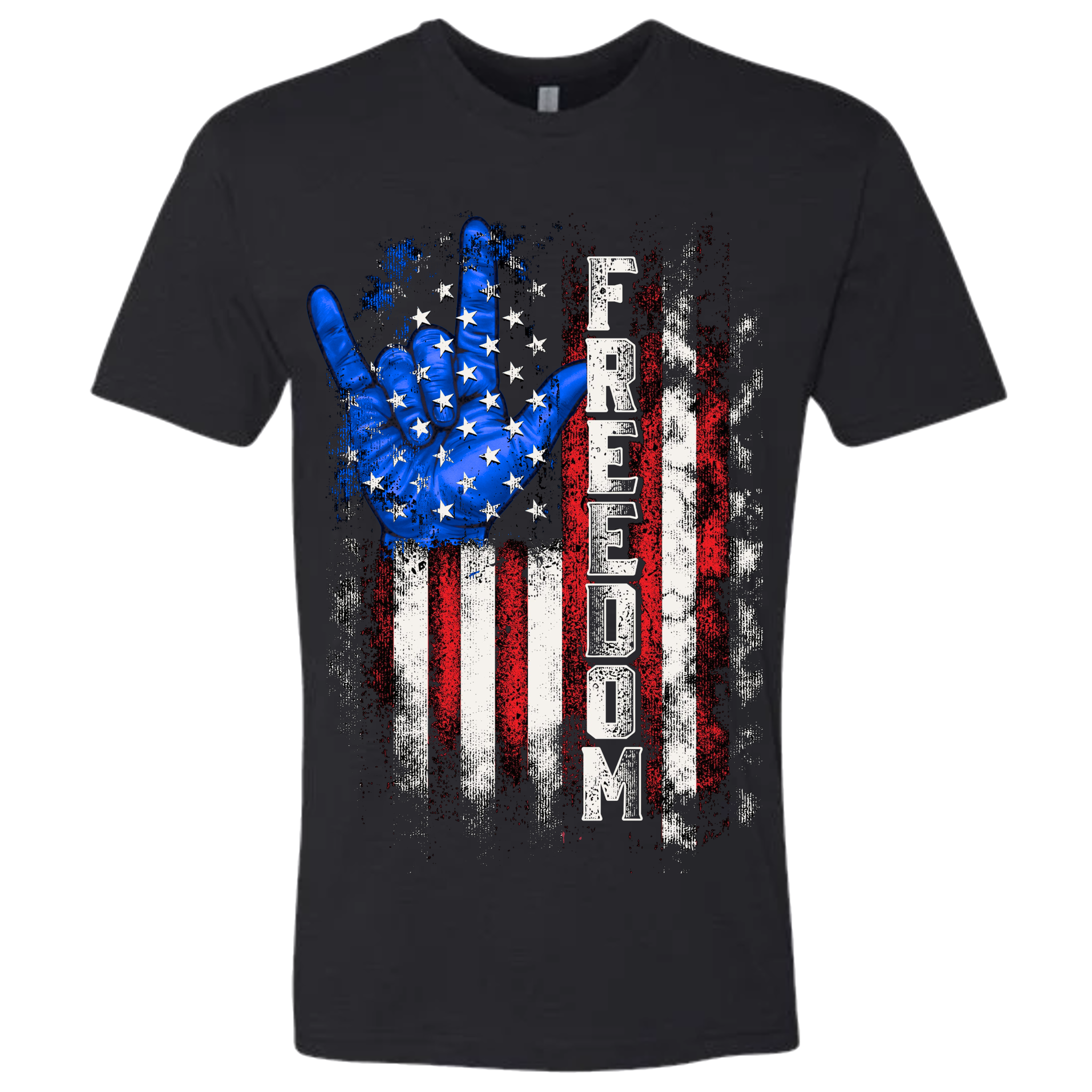 A black t-shirt with a patriotic design of a vertical American flag with red and white horizontal stripes, with a blue ASL "I Love You" signing hand behind a cluster of stars.  The text design says "Freedom" in white.