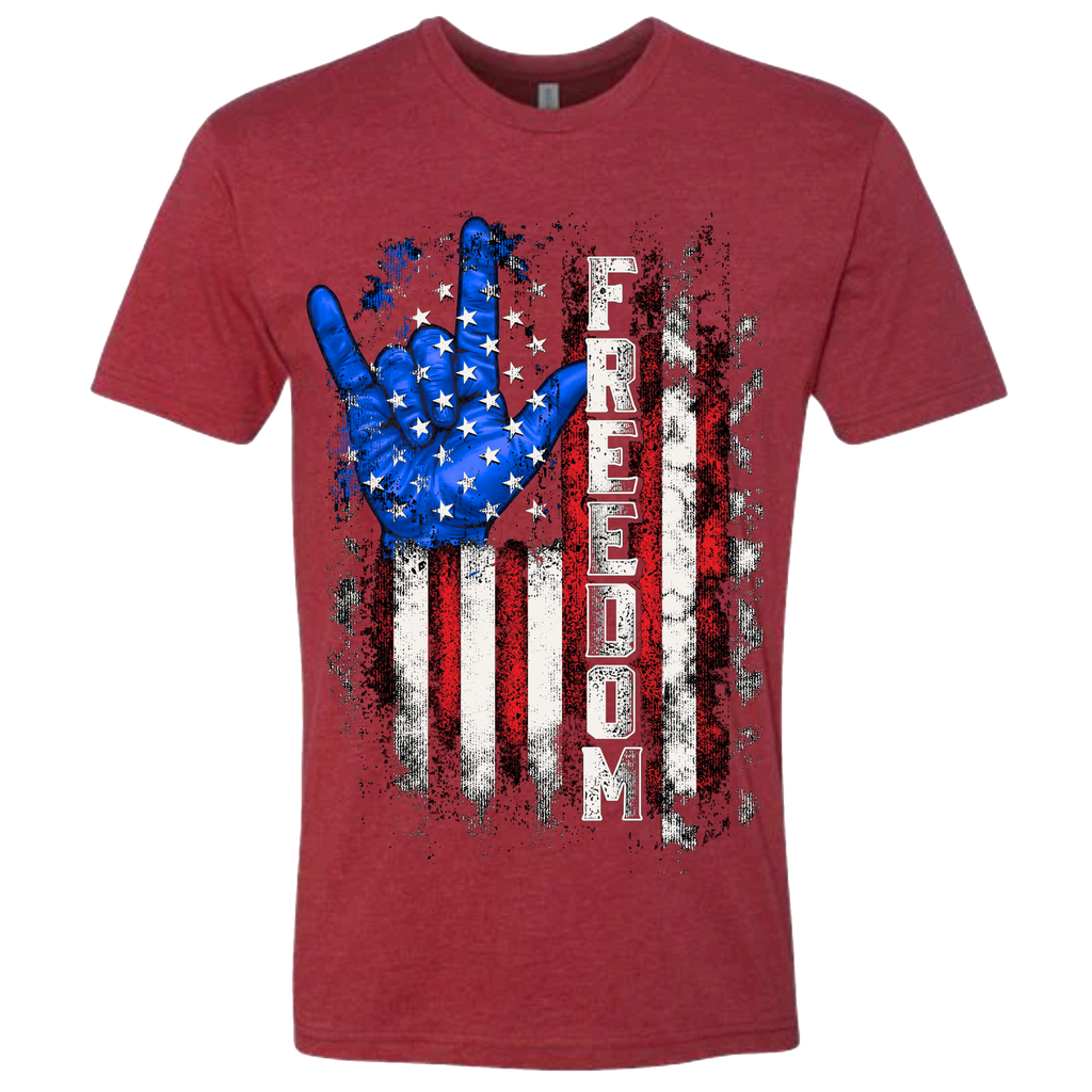 A Cardinal Red t-shirt with a patriotic design of a vertical American flag with red and white horizontal stripes, with a blue ASL "I Love You" signing hand behind a cluster of stars.  The text design says "Freedom" in white.