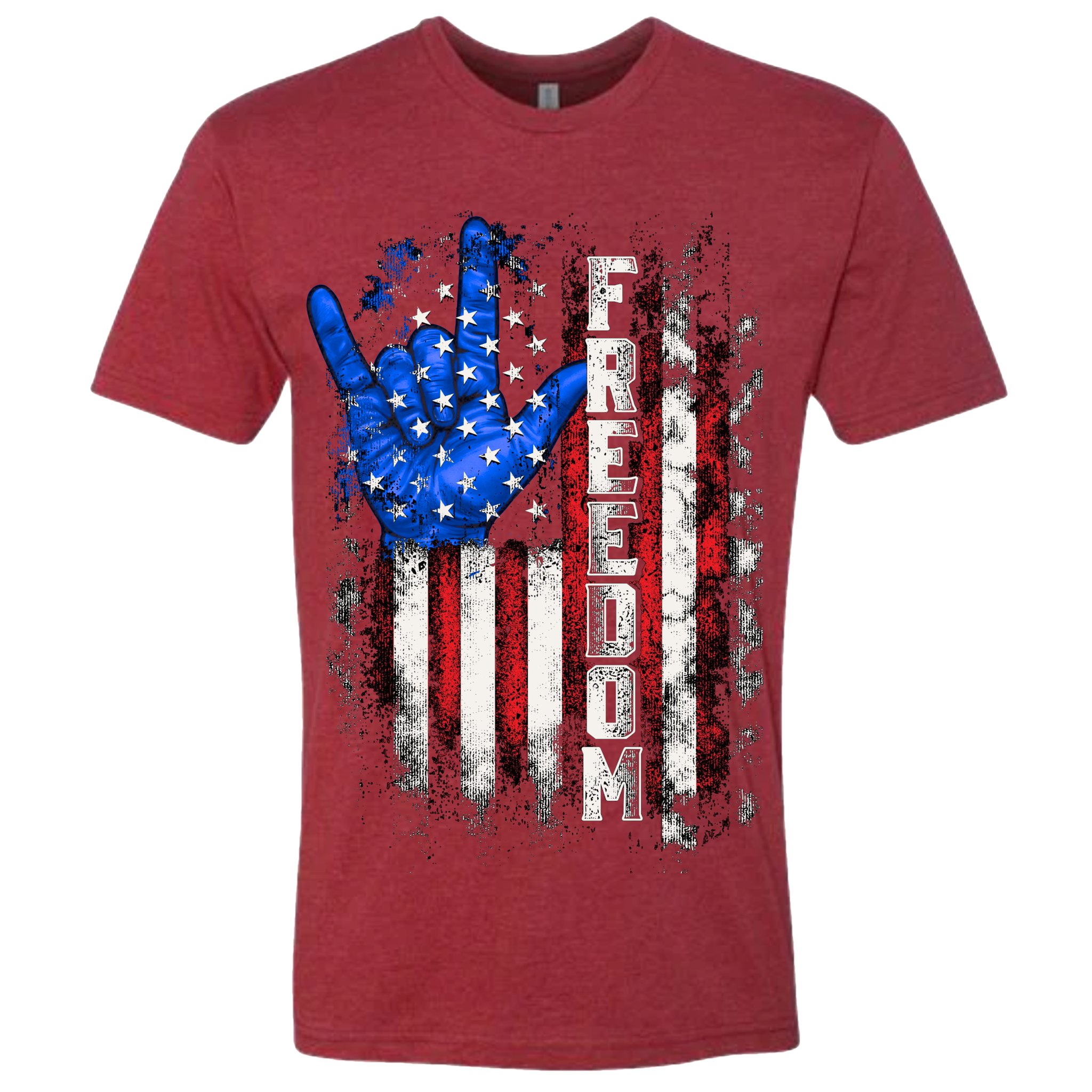 A Cardinal Red t-shirt with a patriotic design of a vertical American flag with red and white horizontal stripes, with a blue ASL "I Love You" signing hand behind a cluster of stars.  The text design says "Freedom" in white.
