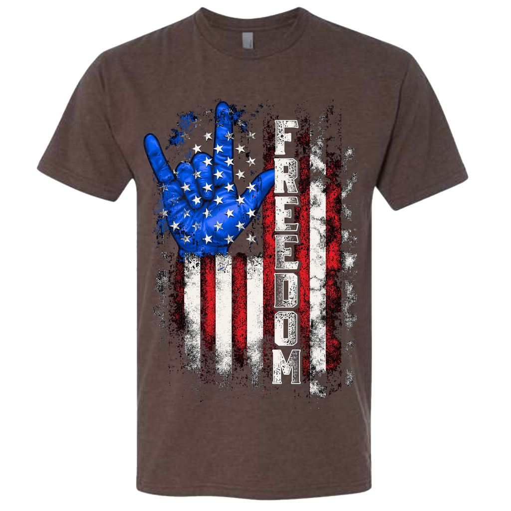 An Espresso Brown t-shirt with a patriotic design of a vertical American flag with red and white horizontal stripes, with a blue ASL "I Love You" signing hand behind a cluster of stars.  The text design says "Freedom" in white.