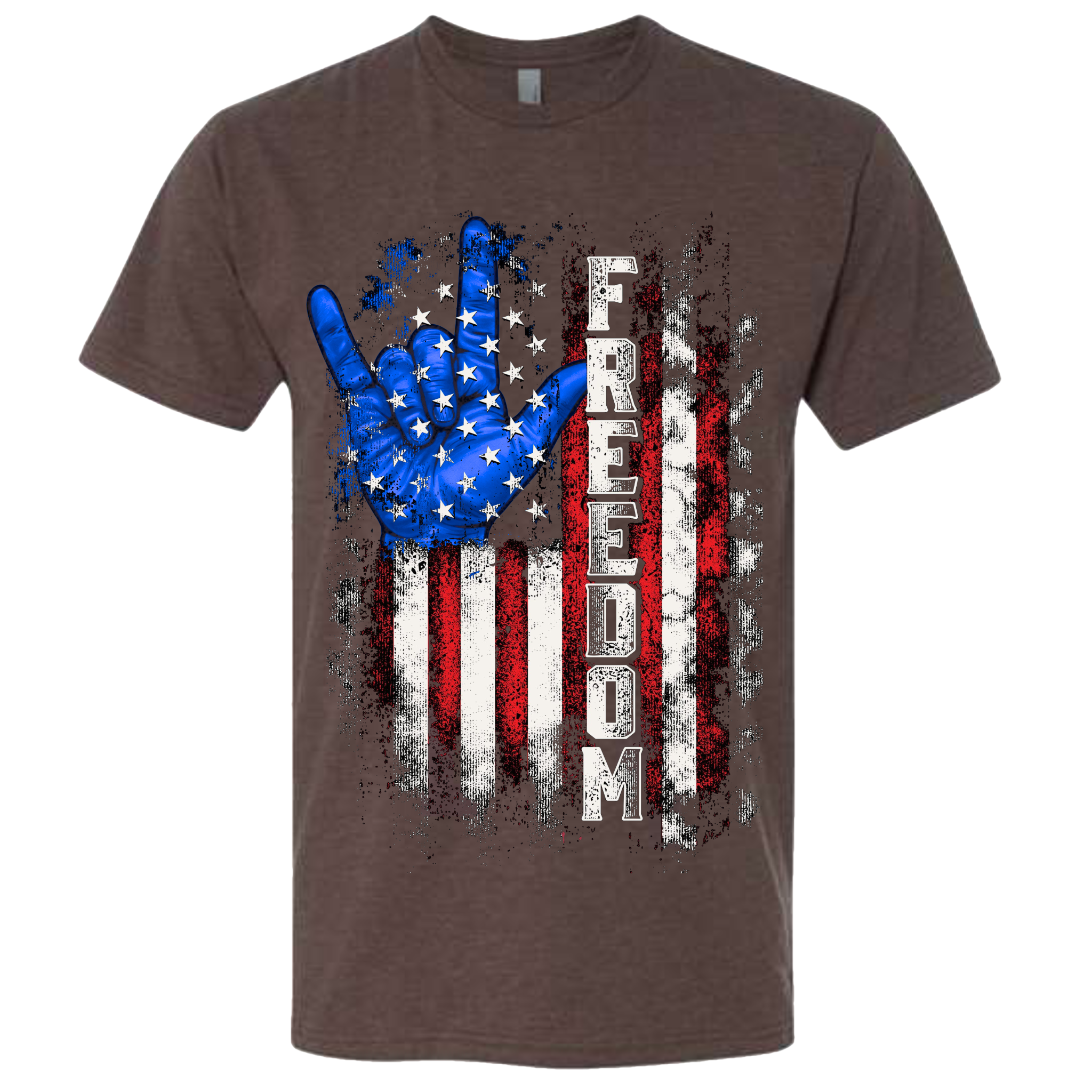 An Espresso Brown t-shirt with a patriotic design of a vertical American flag with red and white horizontal stripes, with a blue ASL "I Love You" signing hand behind a cluster of stars.  The text design says "Freedom" in white.