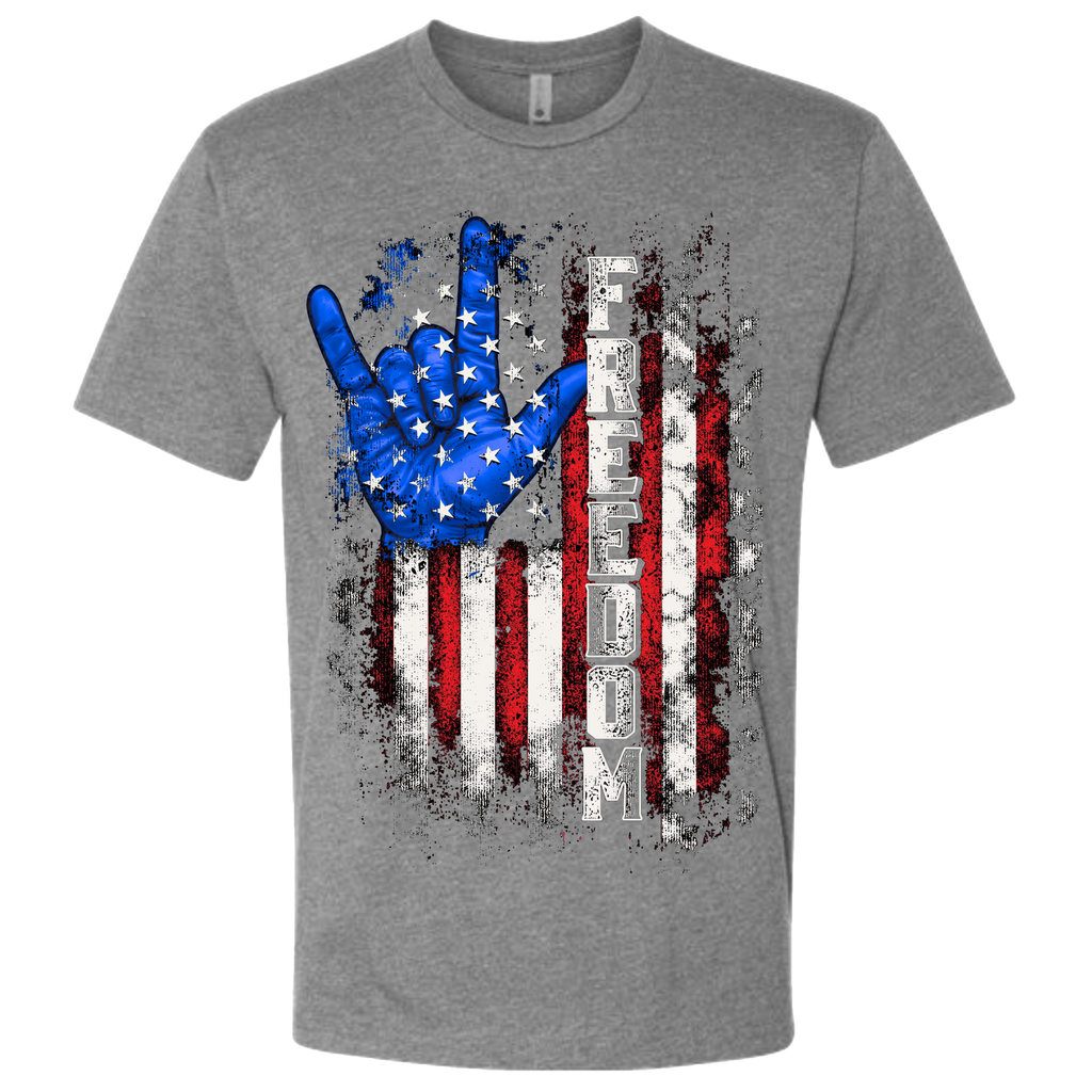 A Grey t-shirt with a patriotic design of a vertical American flag with red and white horizontal stripes, with a blue ASL "I Love You" signing hand behind a cluster of stars.  The text design says "Freedom" in white.