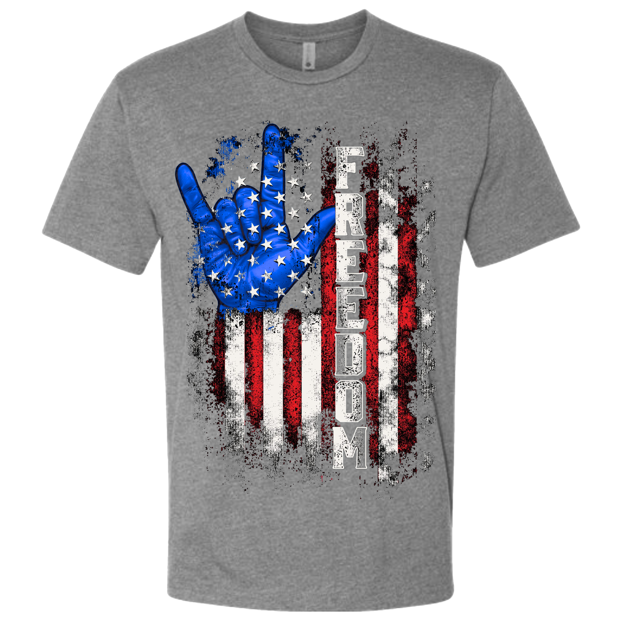 A Grey t-shirt with a patriotic design of a vertical American flag with red and white horizontal stripes, with a blue ASL "I Love You" signing hand behind a cluster of stars.  The text design says "Freedom" in white.