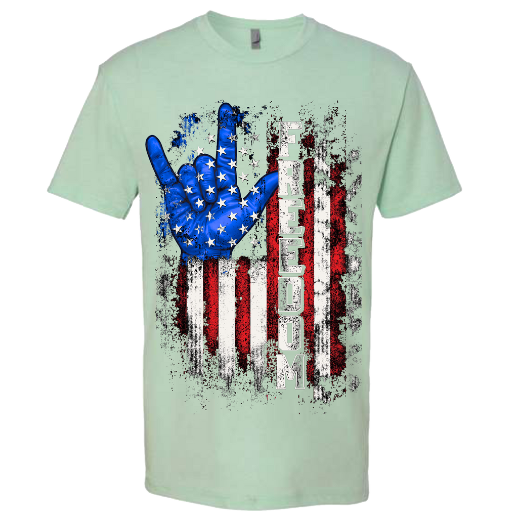 A Mint Green t-shirt with a patriotic design of a vertical American flag with red and white horizontal stripes, with a blue ASL "I Love You" signing hand behind a cluster of stars.  The text design says "Freedom" in white.
