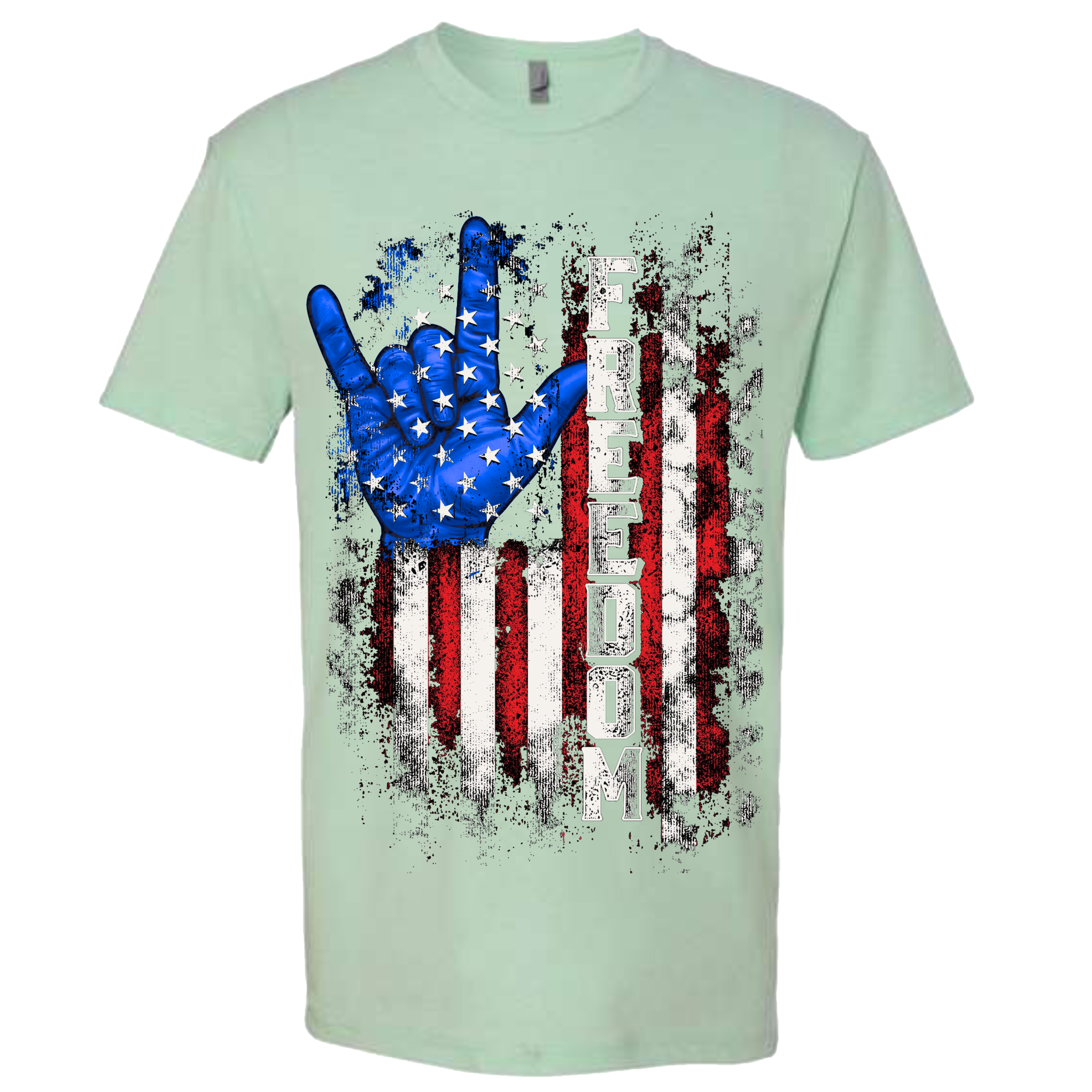 A Mint Green t-shirt with a patriotic design of a vertical American flag with red and white horizontal stripes, with a blue ASL "I Love You" signing hand behind a cluster of stars.  The text design says "Freedom" in white.