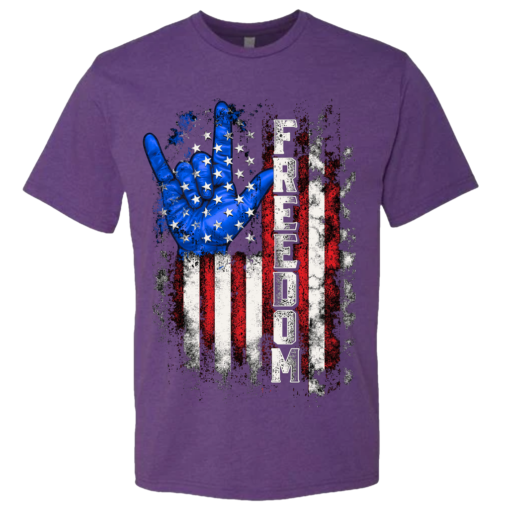A Purple t-shirt with a patriotic design of a vertical American flag with red and white horizontal stripes, with a blue ASL "I Love You" signing hand behind a cluster of stars.  The text design says "Freedom" in white.