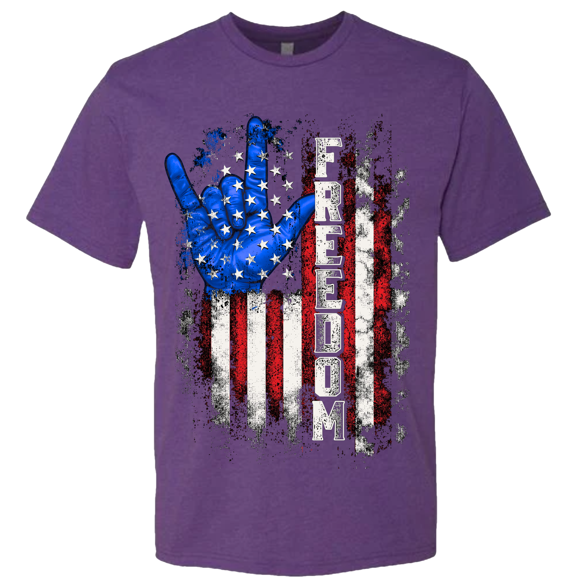 A Purple t-shirt with a patriotic design of a vertical American flag with red and white horizontal stripes, with a blue ASL "I Love You" signing hand behind a cluster of stars.  The text design says "Freedom" in white.