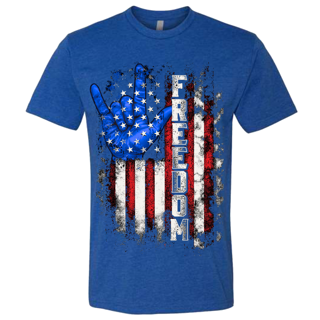 A Royal Blue t-shirt with a patriotic design of a vertical American flag with red and white horizontal stripes, with a blue ASL "I Love You" signing hand behind a cluster of stars.  The text design says "Freedom" in white.