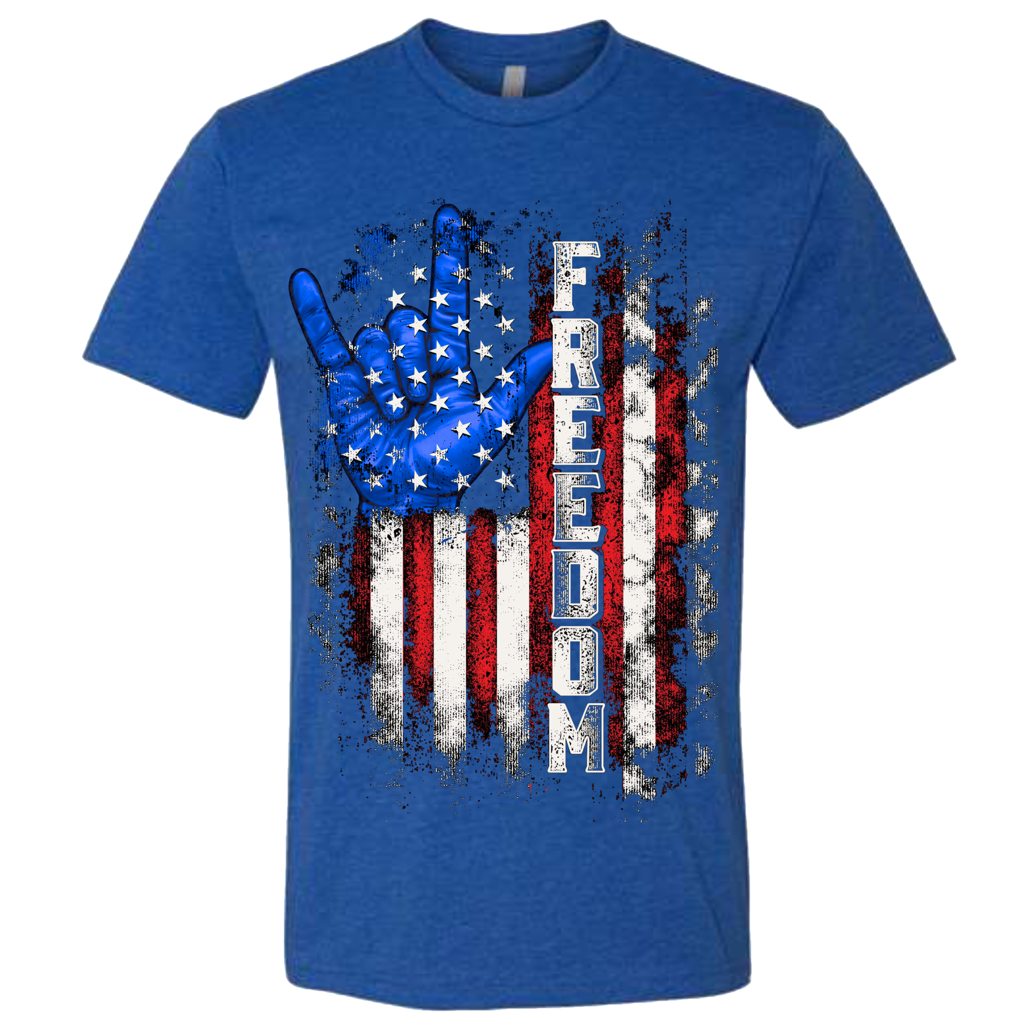 A Royal Blue t-shirt with a patriotic design of a vertical American flag with red and white horizontal stripes, with a blue ASL "I Love You" signing hand behind a cluster of stars.  The text design says "Freedom" in white.