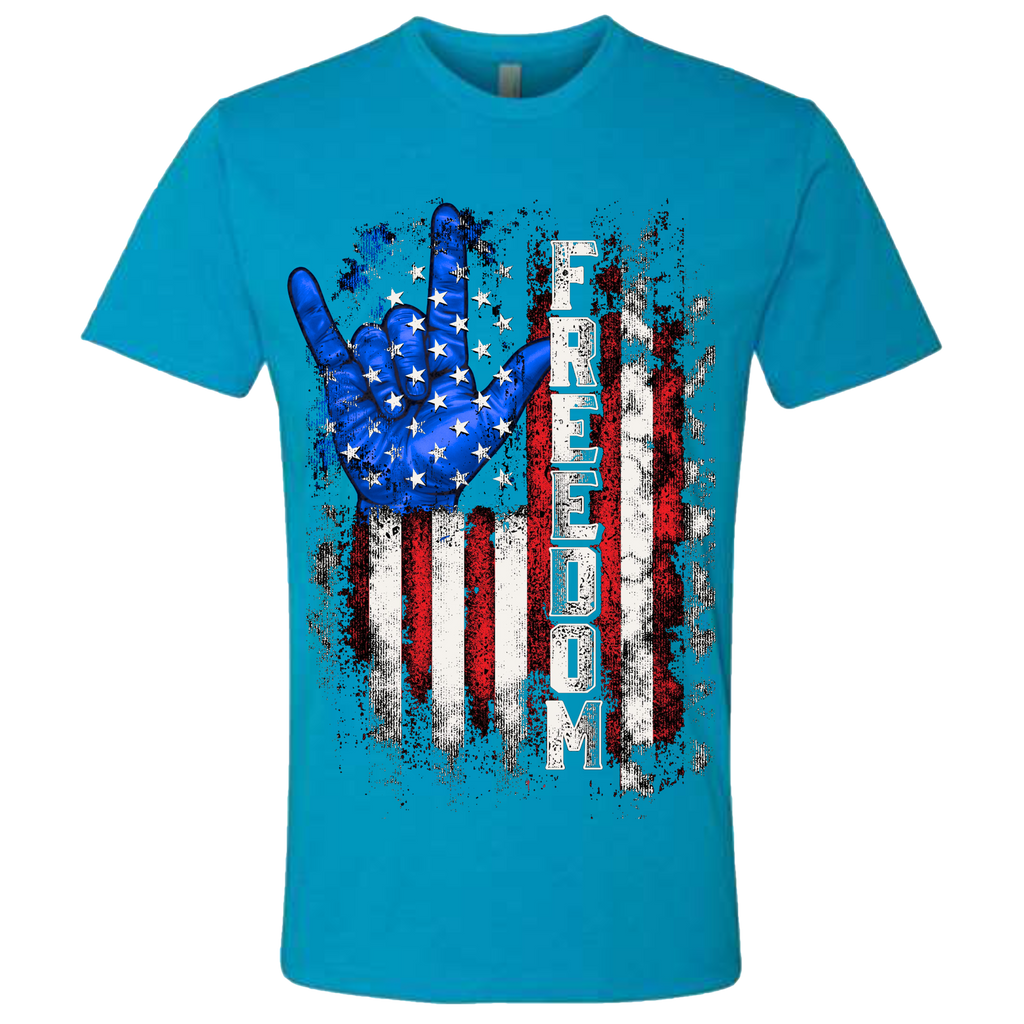 A turquoise blue t-shirt with a patriotic design of a vertical American flag with red and white horizontal stripes, with a blue ASL "I Love You" signing hand behind a cluster of stars.  The text design says "Freedom" in white.
