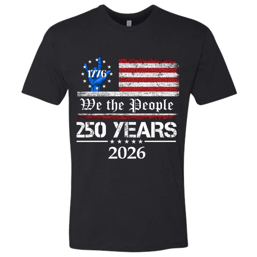 A Black t-shirt with a patriotic design.  An American flag with red and white horizontal stripes, with a blue ASL "I Love You" signing hand with a circle of stars.  The text design says "We The People" and "250 Years 2026" in white.