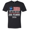 A Black t-shirt with a patriotic design.  An American flag with red and white horizontal stripes, with a blue ASL "I Love You" signing hand with a circle of stars.  The text design says "We The People" and "250 Years 2026" in white.