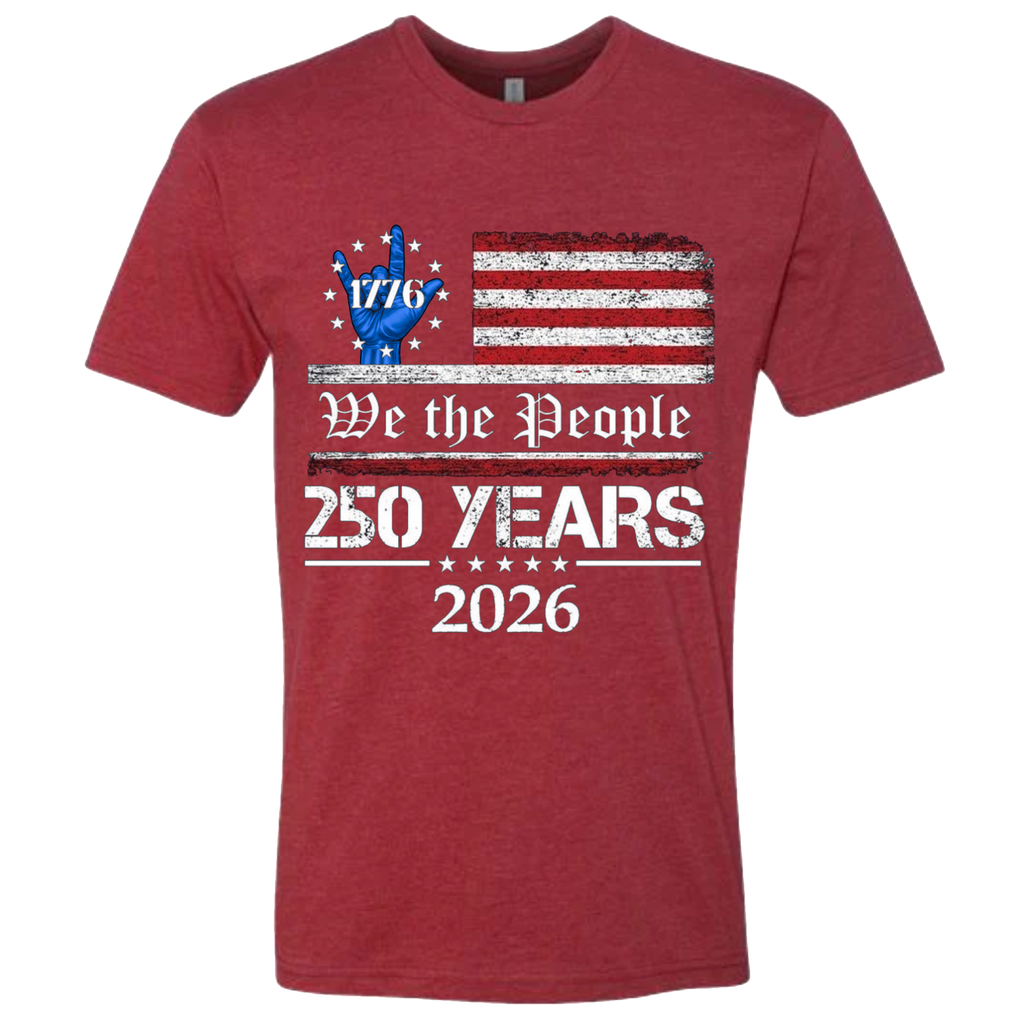 A Cardinal Red t-shirt with a patriotic design.  An American flag with red and white horizontal stripes, with a blue ASL "I Love You" signing hand with a circle of stars.  The text design says "We The People" and "250 Years 2026" in white.