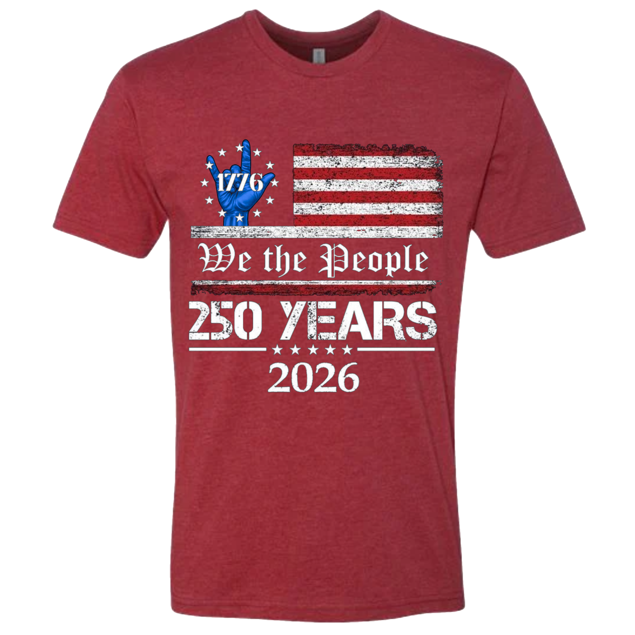 A Cardinal Red t-shirt with a patriotic design.  An American flag with red and white horizontal stripes, with a blue ASL "I Love You" signing hand with a circle of stars.  The text design says "We The People" and "250 Years 2026" in white.