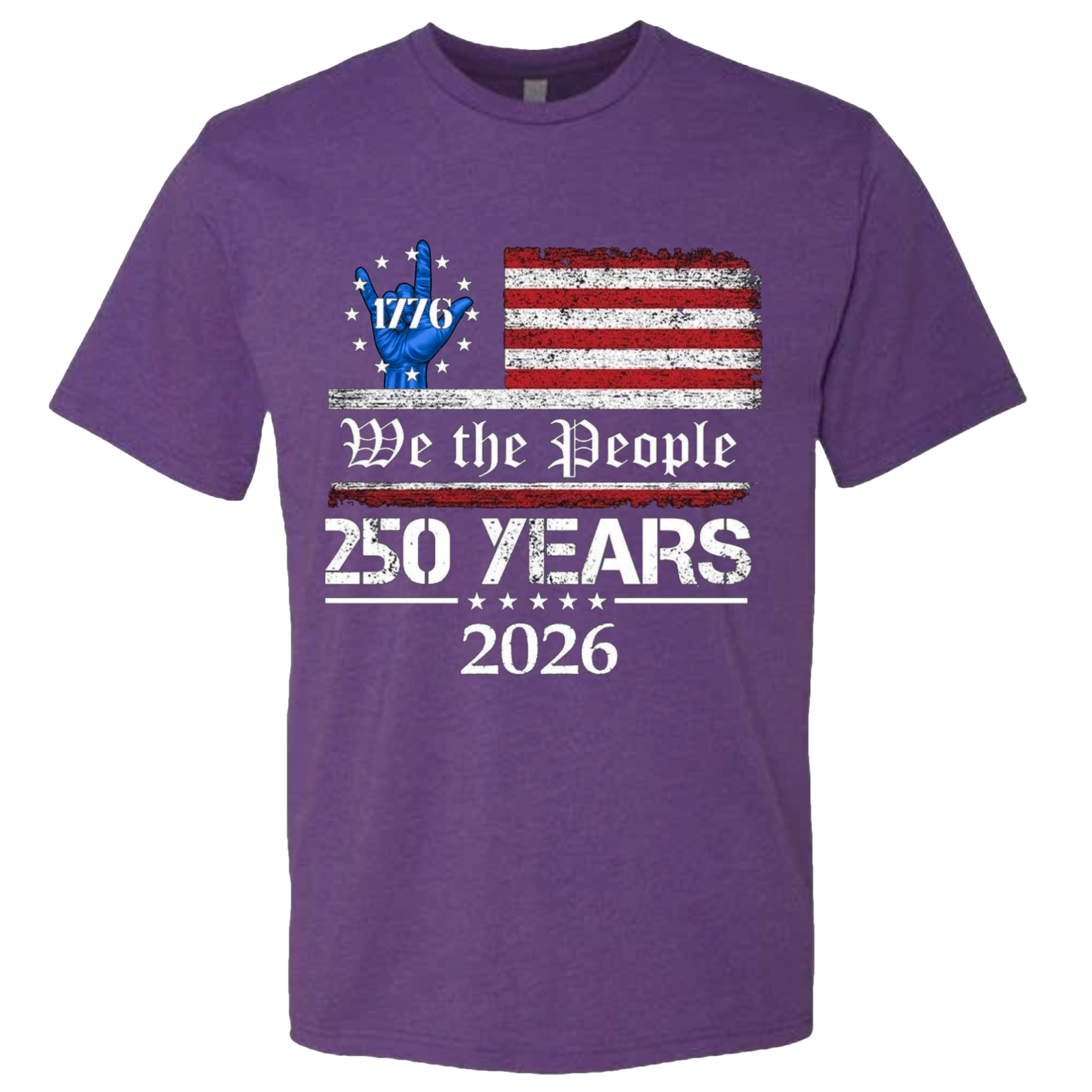 A Purple Rush t-shirt with a patriotic design.  An American flag with red and white horizontal stripes, with a blue ASL "I Love You" signing hand with a circle of stars.  The text design says "We The People" and "250 Years 2026" in white.