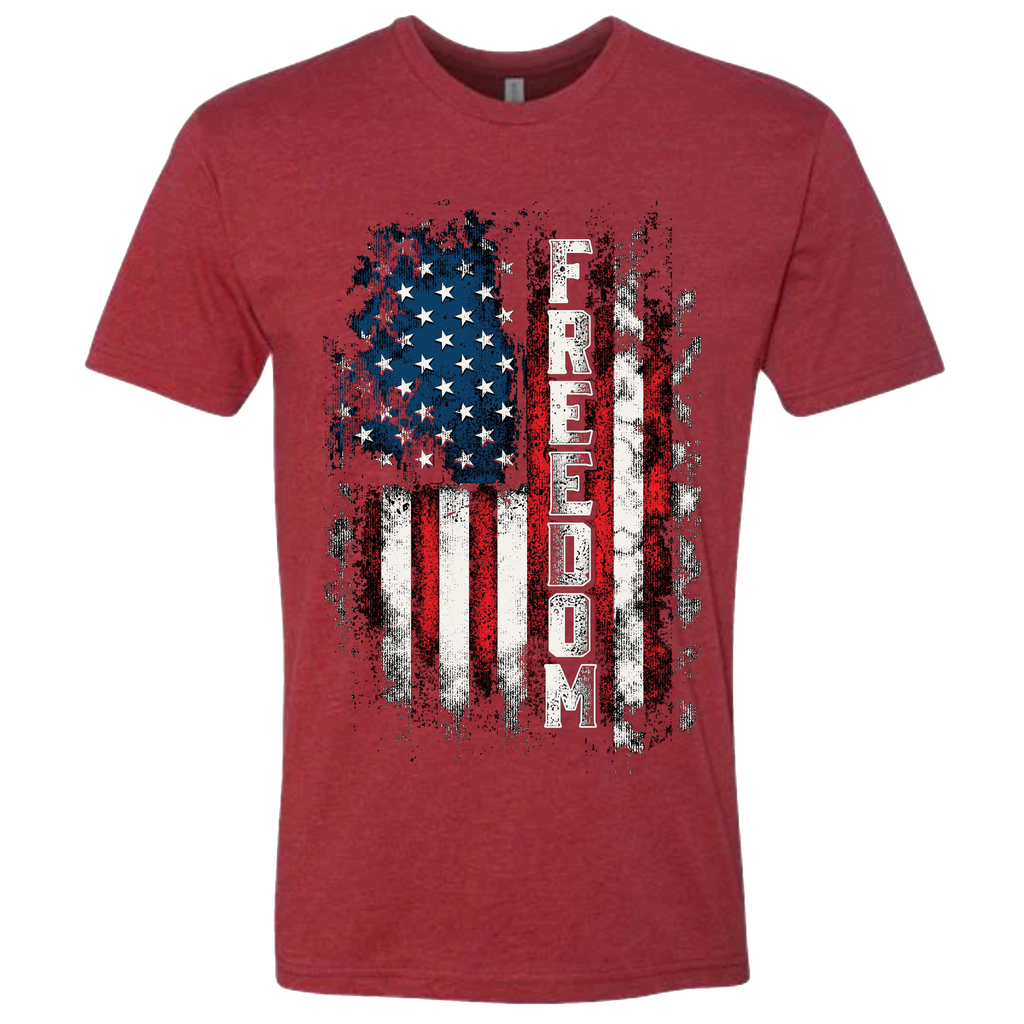 A Cardinal Red t-shirt with a patriotic design of a vertical American flag with red and white horizontal stripes, and blue cluster of stars.  The text design says "Freedom" in white.