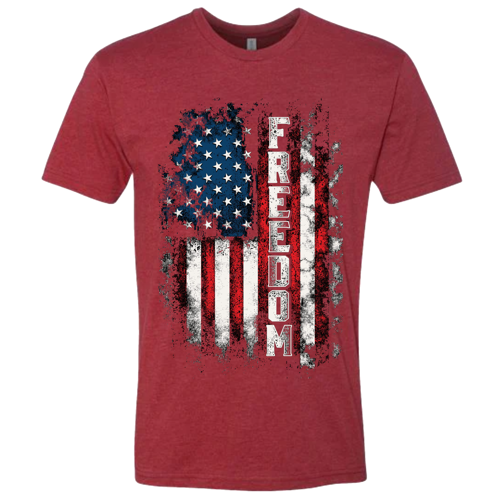 A Cardinal Red t-shirt with a patriotic design of a vertical American flag with red and white horizontal stripes, and blue cluster of stars.  The text design says "Freedom" in white.