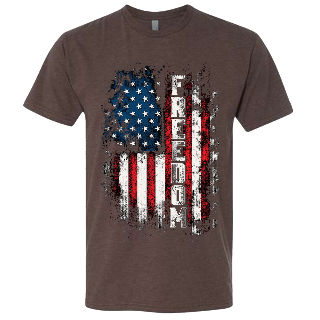 An Espresso Brown t-shirt with a patriotic design of a vertical American flag with red and white horizontal stripes, and blue cluster of stars.  The text design says "Freedom" in white.