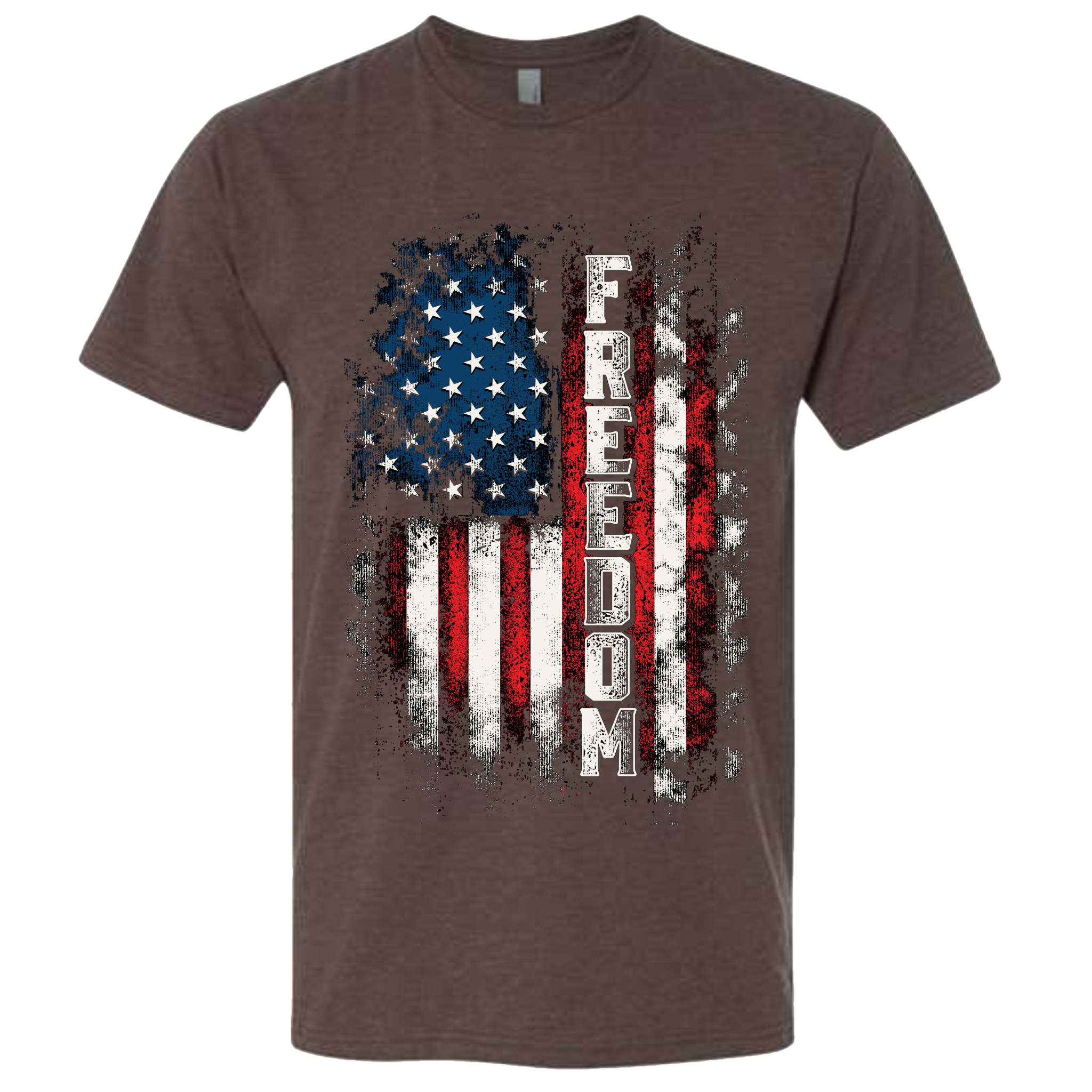 An Espresso Brown t-shirt with a patriotic design of a vertical American flag with red and white horizontal stripes, and blue cluster of stars.  The text design says "Freedom" in white.