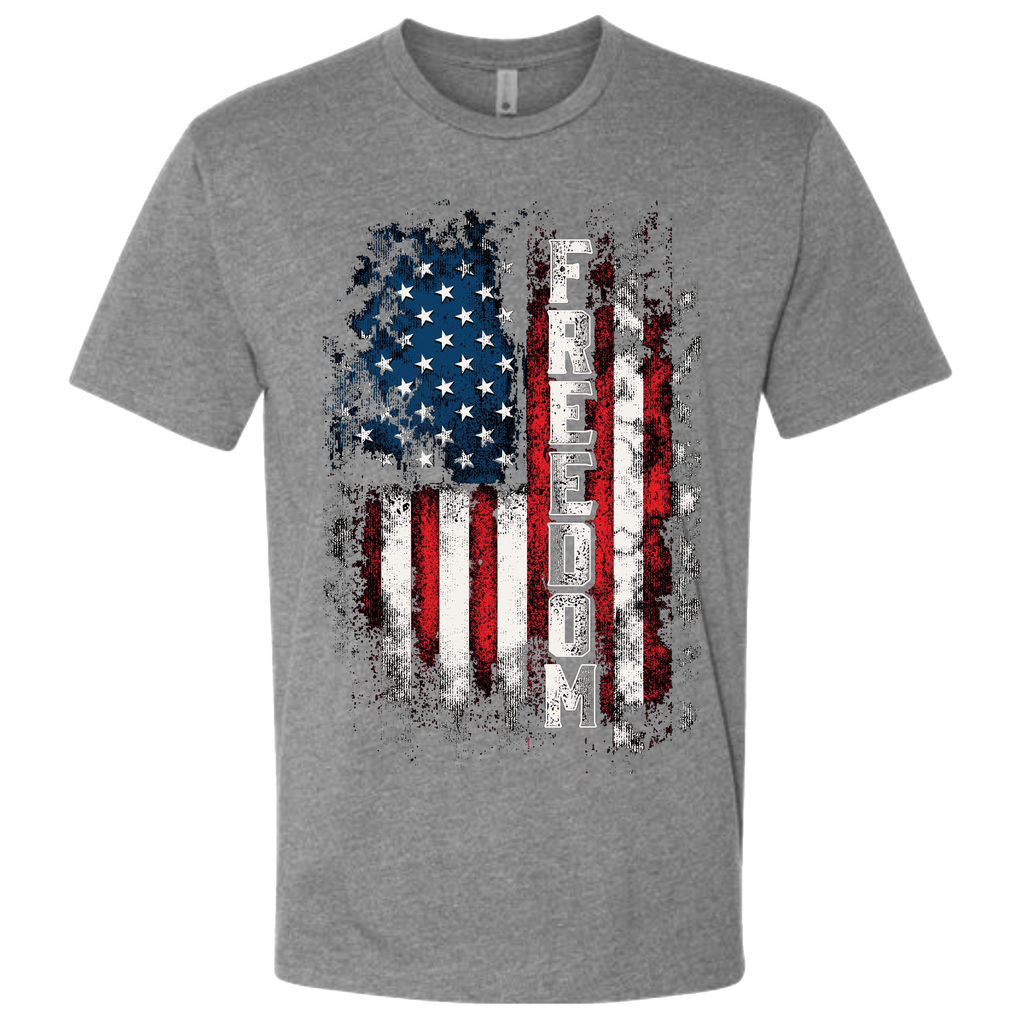 A Grey t-shirt with a patriotic design of a vertical American flag with red and white horizontal stripes, and blue cluster of stars.  The text design says "Freedom" in white.